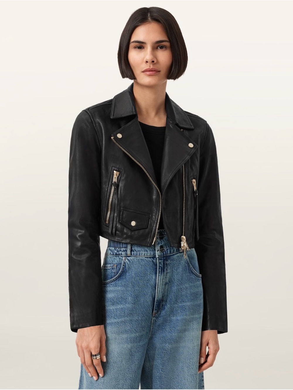 AllSaints Black Cropped Leather Biker Jacket